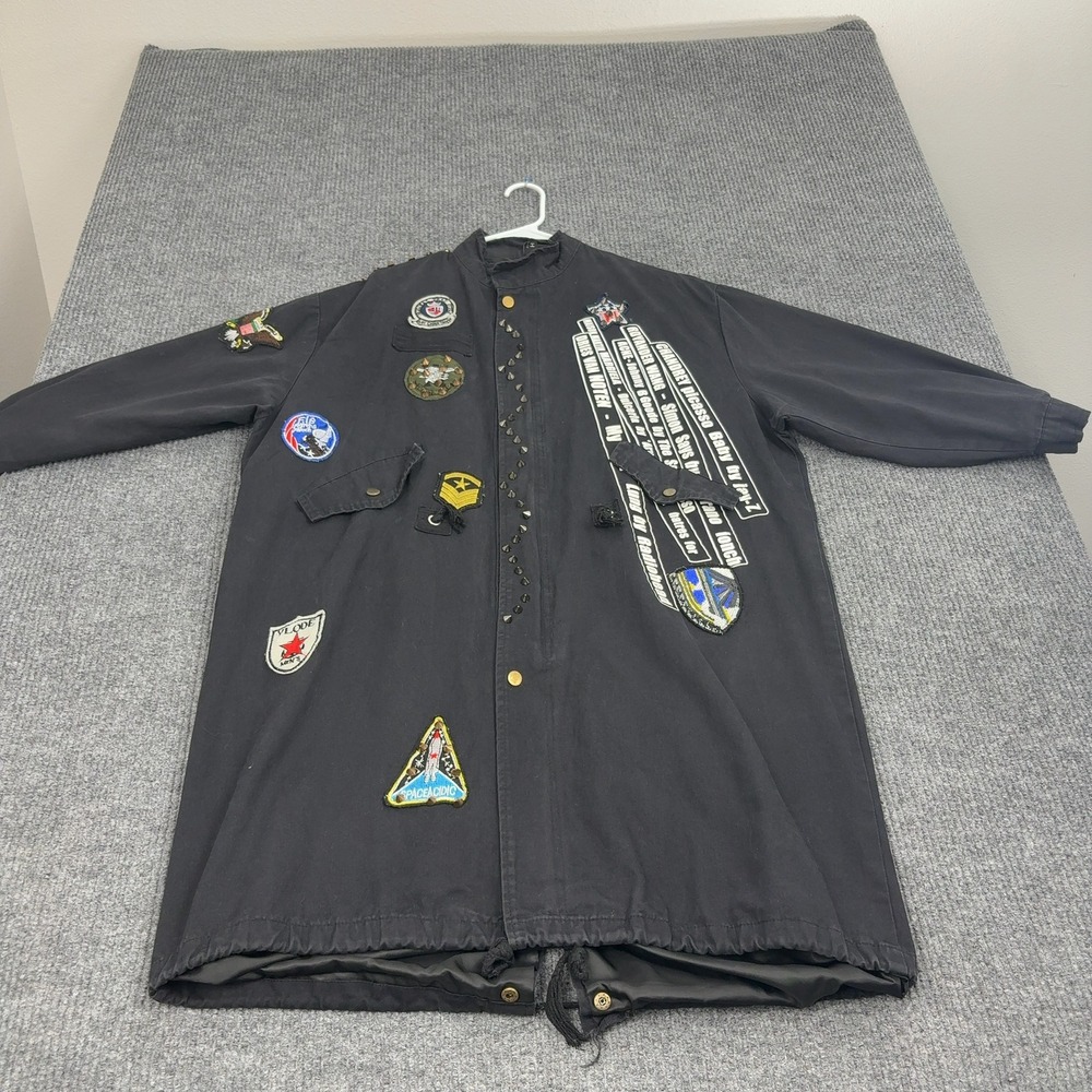 Y.H Studio Parka Jacket Mens Black Cotton Multi Patch Studded Graphic Streetwear